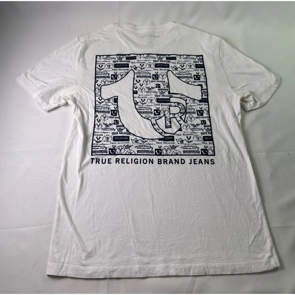 True Religion Mens White Horseshoe Logo Graphic Tee Streetwear Y2K Urban‎ Size M